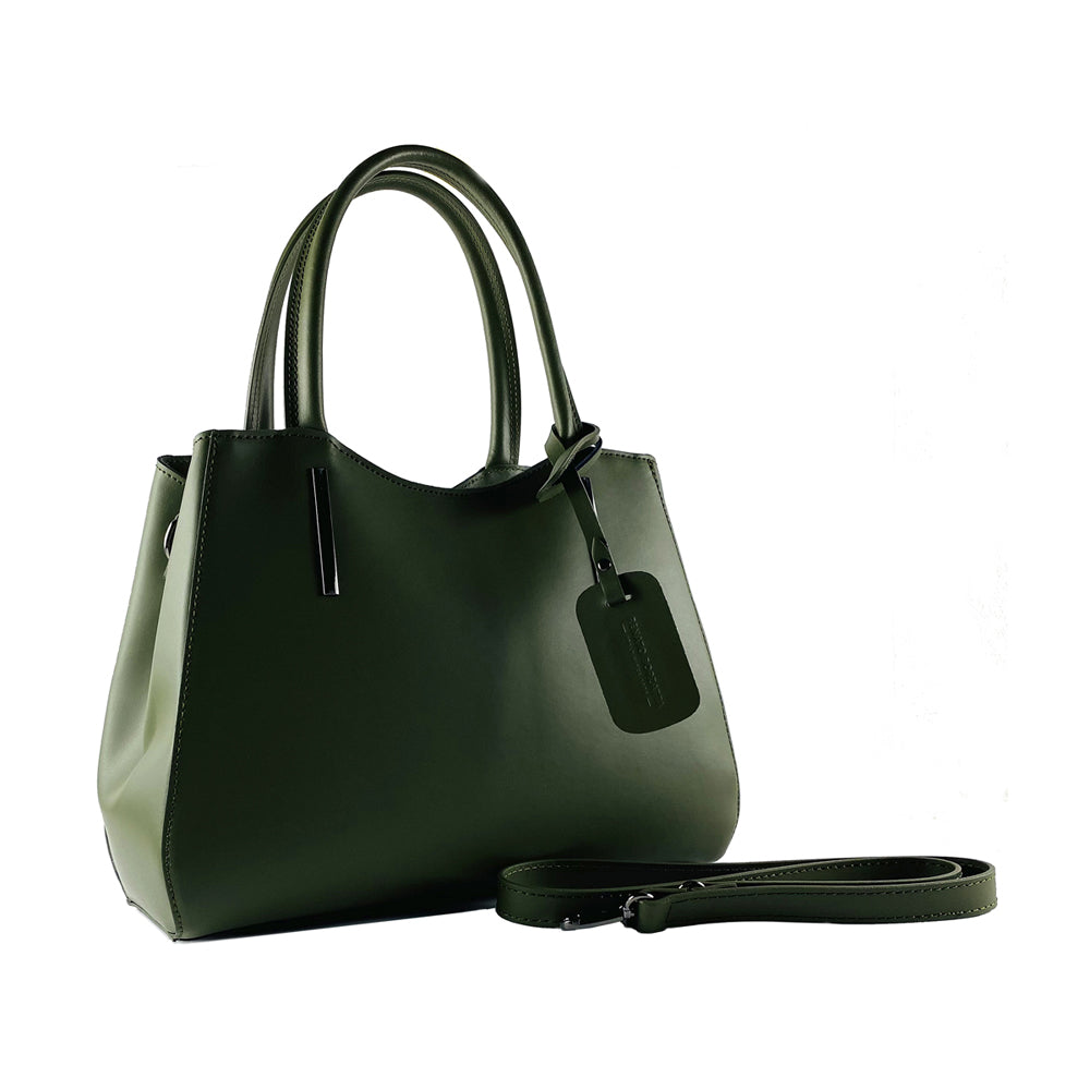 RB1004E | Borsa a Mano in Vera Pelle Made in Italy con Tracollina removibile e attacchi con moschettoni in metallo Canna di Fucile - Colore Verde - Dimensioni: cm 33 x 25 x 15 + Manici 13 cm