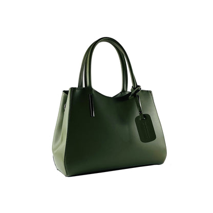 RB1004E | Borsa a Mano in Vera Pelle Made in Italy con Tracollina removibile e attacchi con moschettoni in metallo Canna di Fucile - Colore Verde - Dimensioni: cm 33 x 25 x 15 + Manici 13 cm