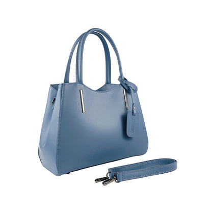 RB1004P | Handbag in Genuine Leather Made in Italy with removable shoulder strap and attachments with metal snap hooks in Gunmetal - Avio color - Dimensions: 33 x 25 x 15 cm + Handles 13 cm