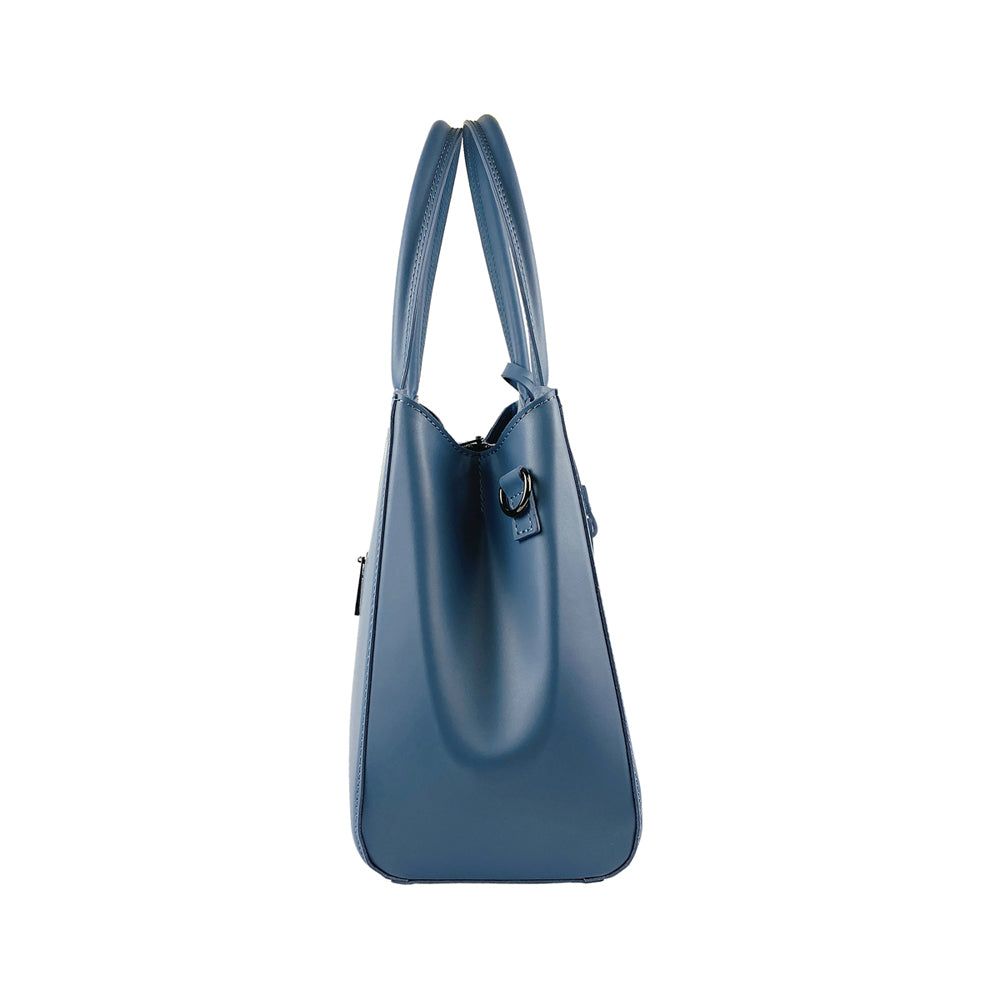 RB1004P | Handbag in Genuine Leather Made in Italy with removable shoulder strap and attachments with metal snap hooks in Gunmetal - Avio color - Dimensions: 33 x 25 x 15 cm + Handles 13 cm