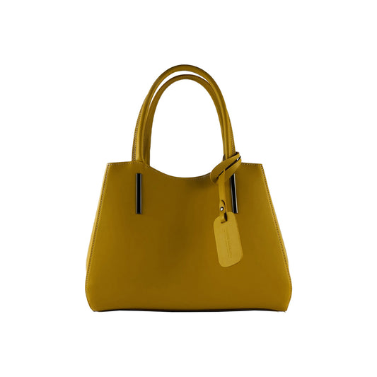 RB1004R | Genuine Leather Handbag Made in Italy with removable shoulder strap and gunmetal metal snap hook attachments - Mustard color - Dimensions: 33 x 25 x 15 cm + Handles 13 cm