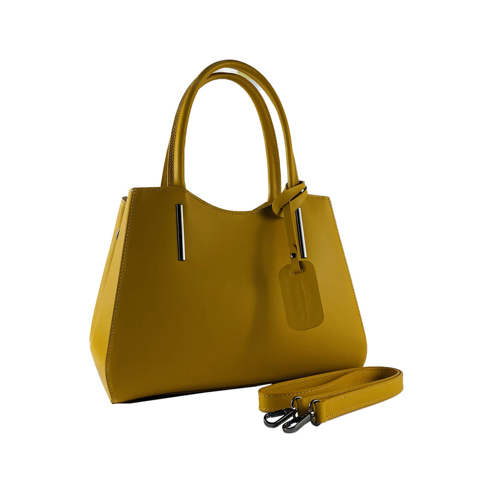 RB1004R | Genuine Leather Handbag Made in Italy with removable shoulder strap and gunmetal metal snap hook attachments - Mustard color - Dimensions: 33 x 25 x 15 cm + Handles 13 cm