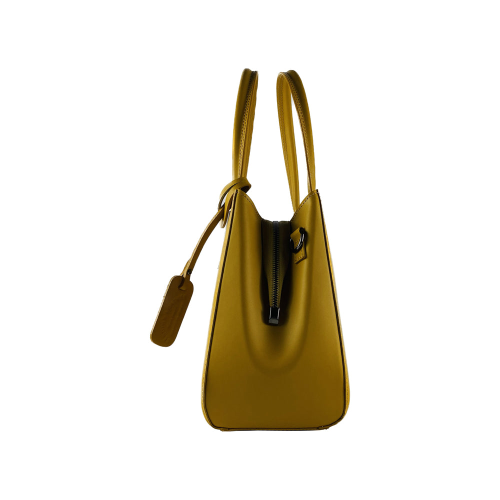 RB1004R | Genuine Leather Handbag Made in Italy with removable shoulder strap and gunmetal metal snap hook attachments - Mustard color - Dimensions: 33 x 25 x 15 cm + Handles 13 cm