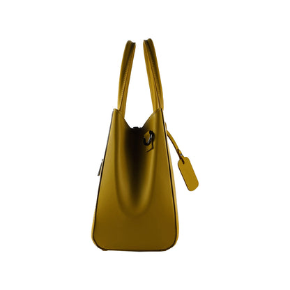 RB1004R | Genuine Leather Handbag Made in Italy with removable shoulder strap and gunmetal metal snap hook attachments - Mustard color - Dimensions: 33 x 25 x 15 cm + Handles 13 cm