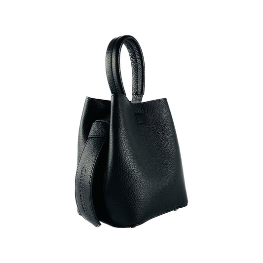 RB1006A | Bucket Bag with Clutch in Genuine Leather Made in Italy. Shoulder bag with shiny gold metal lobster clasp attachments - Black color - Dimensions: 16 x 14 x 21 cm + Handle 13 cm