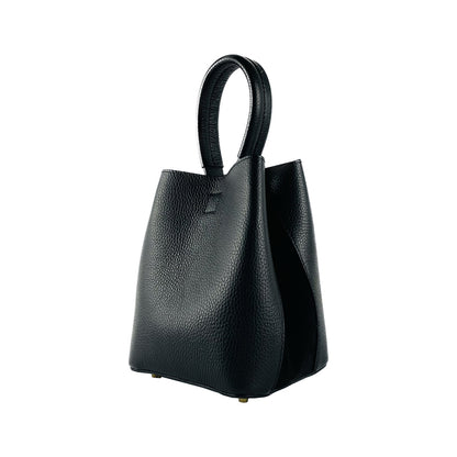 RB1006A | Bucket Bag with Clutch in Genuine Leather Made in Italy. Shoulder bag with shiny gold metal lobster clasp attachments - Black color - Dimensions: 16 x 14 x 21 cm + Handle 13 cm