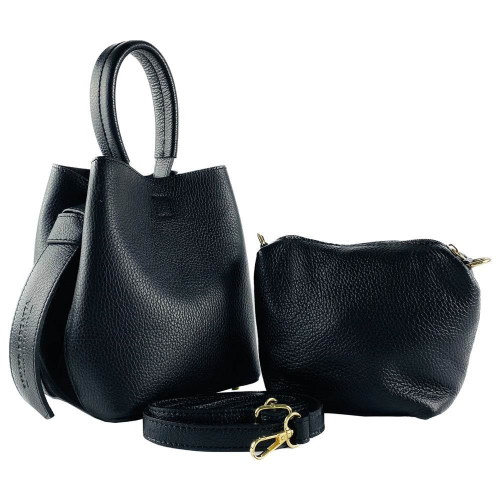 RB1006A | Bucket Bag with Clutch in Genuine Leather Made in Italy. Shoulder bag with shiny gold metal lobster clasp attachments - Black color - Dimensions: 16 x 14 x 21 cm + Handle 13 cm