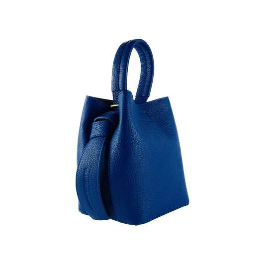 RB1006CH | Bucket Bag with Clutch in Genuine Leather Made in Italy. Shoulder bag with shiny gold metal lobster clasp attachments - Royal Blue - Dimensions: 16 x 14 x 21 cm + Handle 13 cm