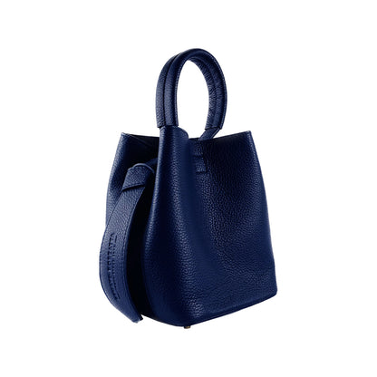 RB1006D | Bucket Bag with Clutch in Genuine Leather Made in Italy. Shoulder bag with shiny gold metal lobster clasp attachments - Blue color - Dimensions: 16 x 14 x 21 cm + Handle 13 cm