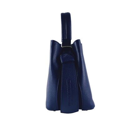 RB1006D | Bucket Bag with Clutch in Genuine Leather Made in Italy. Shoulder bag with shiny gold metal lobster clasp attachments - Blue color - Dimensions: 16 x 14 x 21 cm + Handle 13 cm