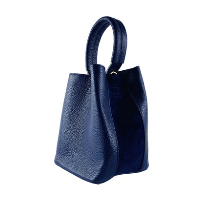 RB1006D | Bucket Bag with Clutch in Genuine Leather Made in Italy. Shoulder bag with shiny gold metal lobster clasp attachments - Blue color - Dimensions: 16 x 14 x 21 cm + Handle 13 cm