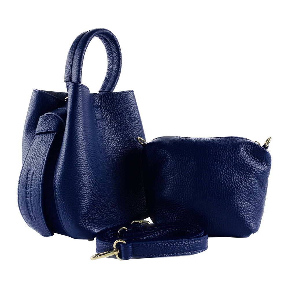 RB1006D | Bucket Bag with Clutch in Genuine Leather Made in Italy. Shoulder bag with shiny gold metal lobster clasp attachments - Blue color - Dimensions: 16 x 14 x 21 cm + Handle 13 cm