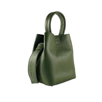 RB1006E | Bucket Bag with Clutch in Genuine Leather Made in Italy. Shoulder bag with shiny gold metal lobster clasp attachments - Green color - Dimensions: 16 x 14 x 21 cm + Handle 13 cm