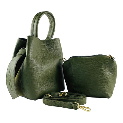 RB1006E | Bucket Bag with Clutch in Genuine Leather Made in Italy. Shoulder bag with shiny gold metal lobster clasp attachments - Green color - Dimensions: 16 x 14 x 21 cm + Handle 13 cm