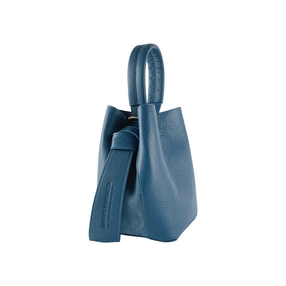 RB1006P | Bucket Bag with Clutch in Genuine Leather Made in Italy. Shoulder bag with shiny gold metal lobster clasp attachments - Avio color - Dimensions: 16 x 14 x 21 cm + Handle 13 cm