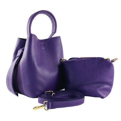 RB1006Y | Bucket Bag with Clutch in Genuine Leather Made in Italy. Shoulder bag with shiny gold metal lobster clasp attachments - Purple color - Dimensions: 16 x 14 x 21 cm + Handle 13 cm