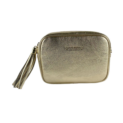 RB1007AS | Women's shoulder bag in genuine leather Made in Italy. Removable shoulder strap. Attachments with shiny gold metal snap hooks - Gold color - Dimensions: 20 x 15 x 7 cm