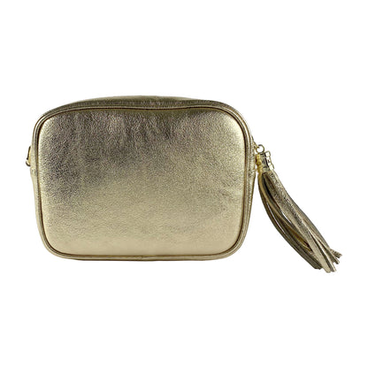 RB1007AS | Women's shoulder bag in genuine leather Made in Italy. Removable shoulder strap. Attachments with shiny gold metal snap hooks - Gold color - Dimensions: 20 x 15 x 7 cm