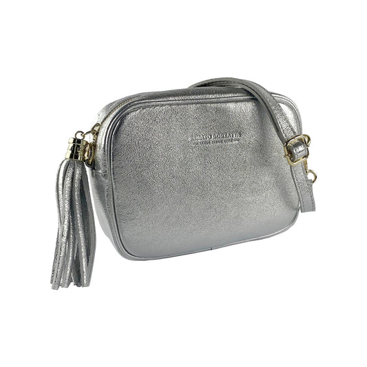 RB1007AW | Women's shoulder bag in genuine leather Made in Italy. Removable shoulder strap. Attachments with shiny gold metal snap hooks - Silver color - Dimensions: 20 x 15 x 7 cm