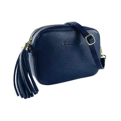 RB1007D | Women's shoulder bag in genuine leather Made in Italy. Removable shoulder strap. Attachments with shiny gold metal snap hooks - Blue color - Dimensions: 20 x 15 x 7 cm