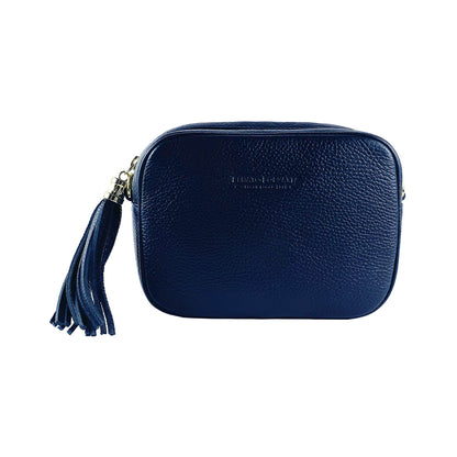 RB1007D | Women's shoulder bag in genuine leather Made in Italy. Removable shoulder strap. Attachments with shiny gold metal snap hooks - Blue color - Dimensions: 20 x 15 x 7 cm