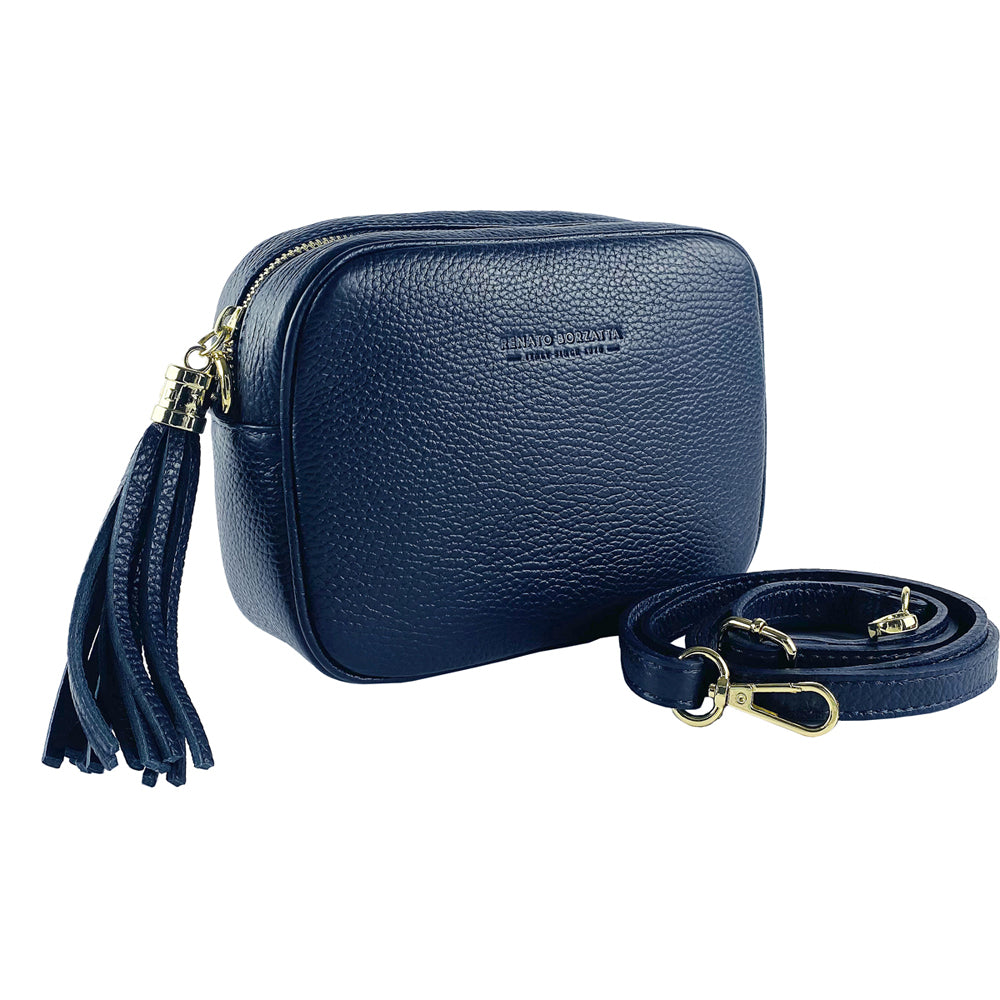 RB1007D | Women's shoulder bag in genuine leather Made in Italy. Removable shoulder strap. Attachments with shiny gold metal snap hooks - Blue color - Dimensions: 20 x 15 x 7 cm