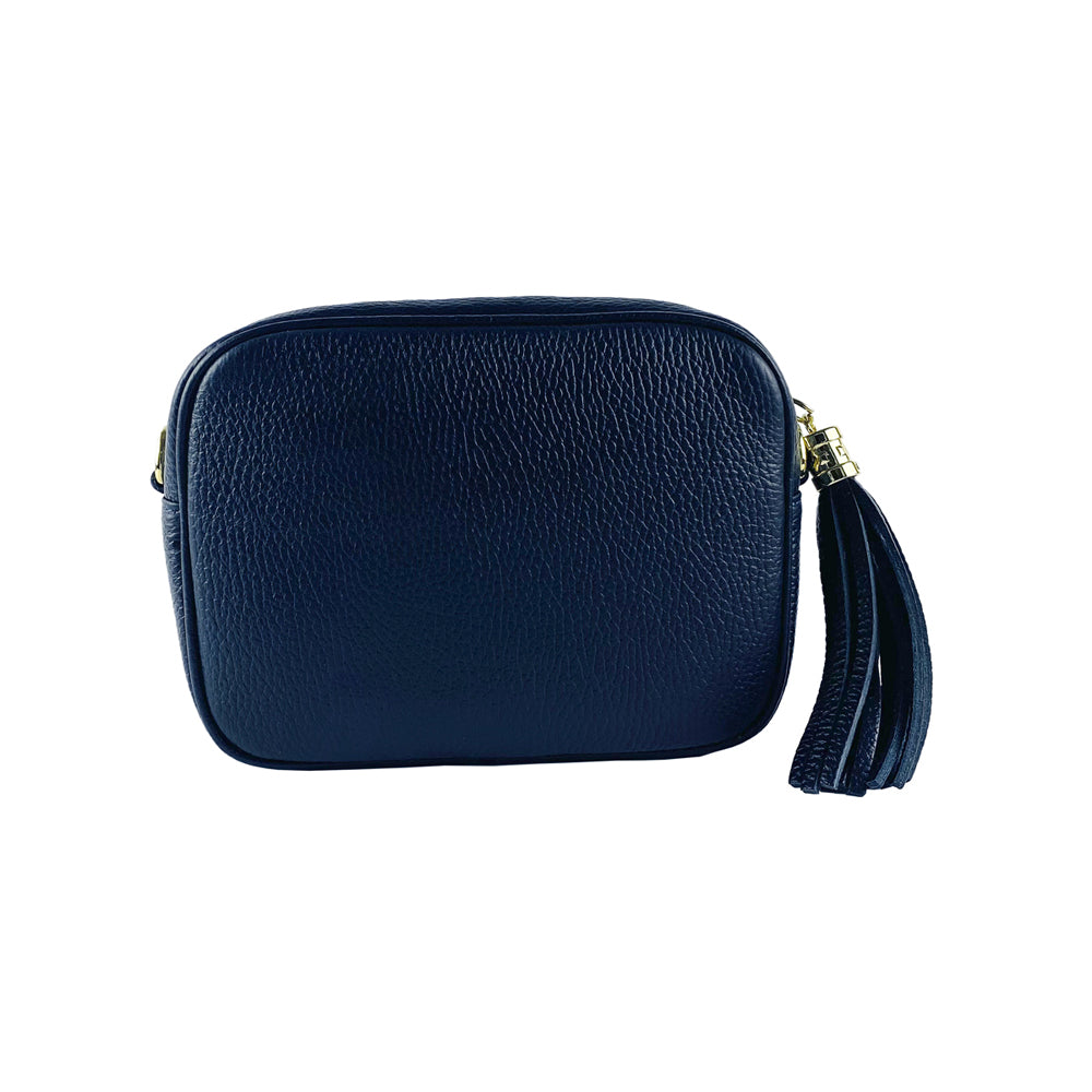 RB1007D | Women's shoulder bag in genuine leather Made in Italy. Removable shoulder strap. Attachments with shiny gold metal snap hooks - Blue color - Dimensions: 20 x 15 x 7 cm