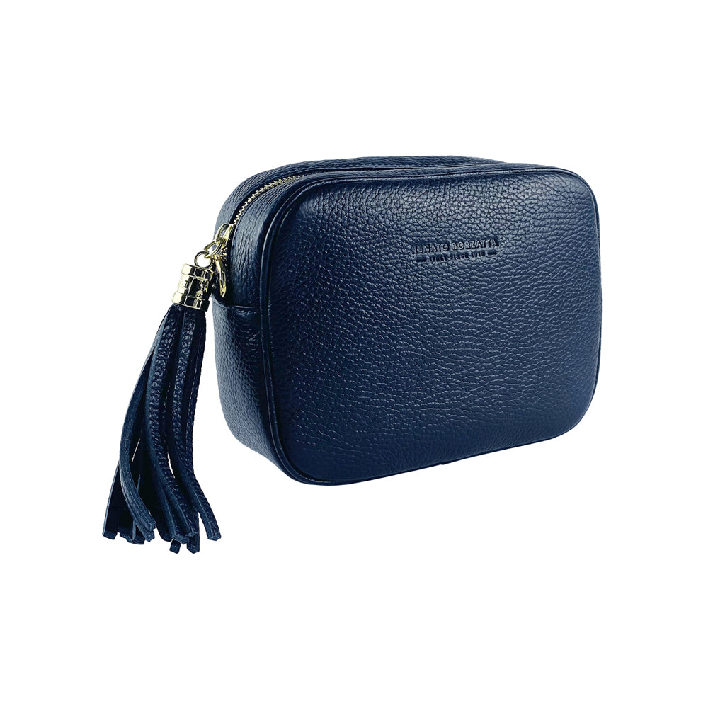 RB1007D | Women's shoulder bag in genuine leather Made in Italy. Removable shoulder strap. Attachments with shiny gold metal snap hooks - Blue color - Dimensions: 20 x 15 x 7 cm