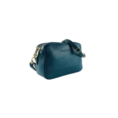 RB1008E | Women's Double Zip Shoulder Bag in Genuine Leather Made in Italy. Removable shoulder strap. Attachments with shiny gold metal snap hooks - Green color - Dimensions: 20 x 15 x 9 cm