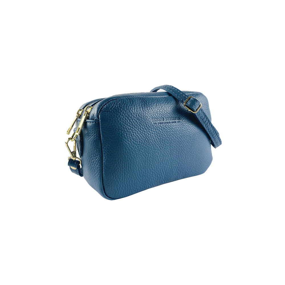 RB1008P | Women's Double Zip Shoulder Bag in Genuine Leather Made in Italy. Removable shoulder strap. Attachments with shiny gold metal snap hooks - Avio color - Dimensions: 20 x 15 x 9 cm