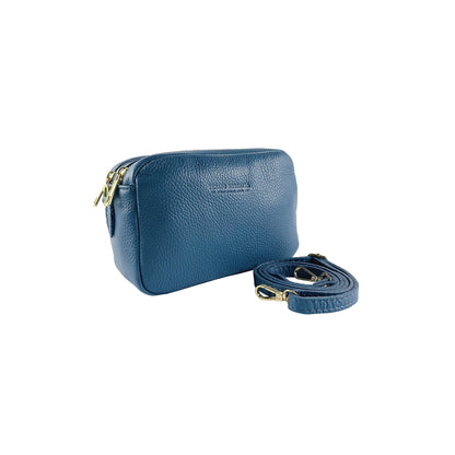 RB1008P | Women's Double Zip Shoulder Bag in Genuine Leather Made in Italy. Removable shoulder strap. Attachments with shiny gold metal snap hooks - Avio color - Dimensions: 20 x 15 x 9 cm