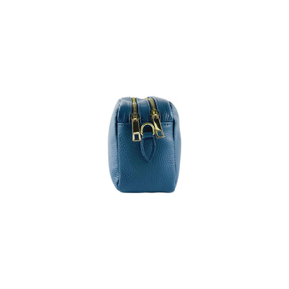 RB1008P | Women's Double Zip Shoulder Bag in Genuine Leather Made in Italy. Removable shoulder strap. Attachments with shiny gold metal snap hooks - Avio color - Dimensions: 20 x 15 x 9 cm