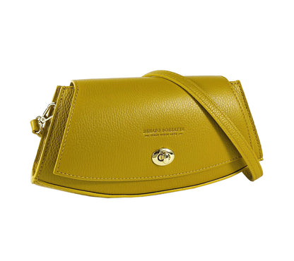 RB1009AR | Borsa Donna a Spalla in Vera Pelle Made in Italy. Tracolla removibile. Attacchi con moschettoni in metallo Oro Lucido - Colore Senape - Dimensioni: cm 30 x 16 x 7