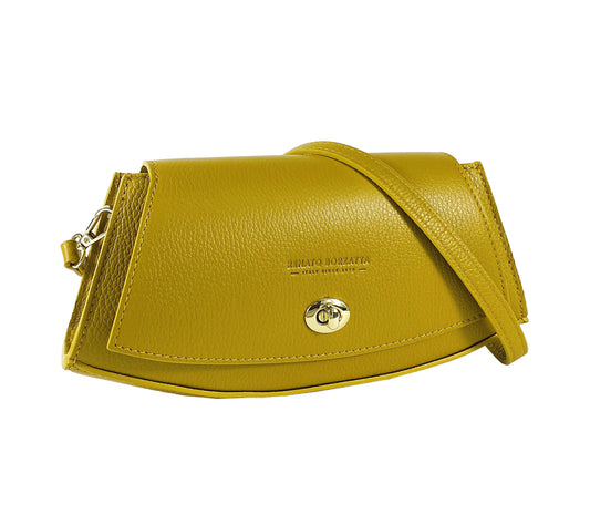 RB1009AR | Women's Shoulder Bag in Genuine Leather Made in Italy. Removable shoulder strap. Attachments with shiny gold metal snap hooks - Mustard color - Dimensions: 30 x 16 x 7 cm