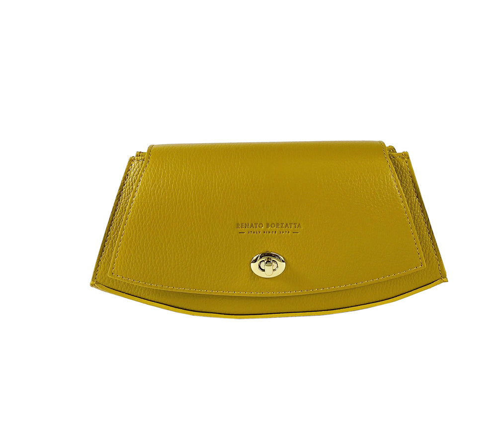 RB1009AR | Borsa Donna a Spalla in Vera Pelle Made in Italy. Tracolla removibile. Attacchi con moschettoni in metallo Oro Lucido - Colore Senape - Dimensioni: cm 30 x 16 x 7