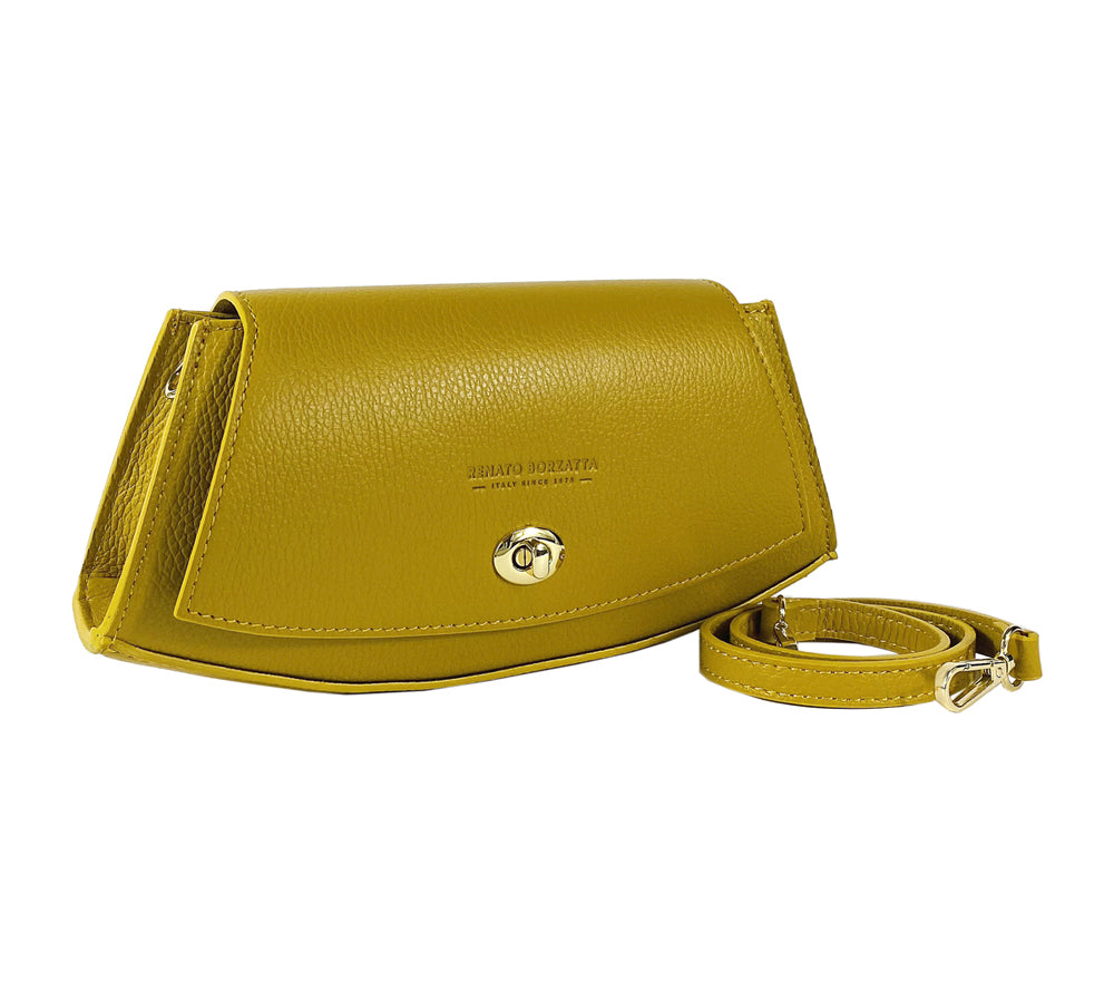 RB1009AR | Borsa Donna a Spalla in Vera Pelle Made in Italy. Tracolla removibile. Attacchi con moschettoni in metallo Oro Lucido - Colore Senape - Dimensioni: cm 30 x 16 x 7