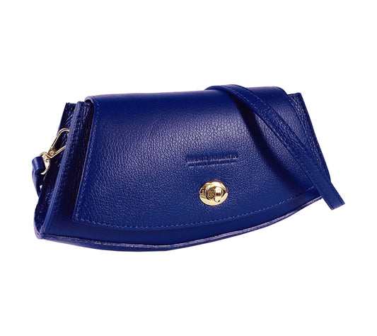 RB1009D | Women's Shoulder Bag in Genuine Leather Made in Italy. Removable shoulder strap. Attachments with shiny gold metal snap hooks - Blue color - Dimensions: 30 x 16 x 7 cm