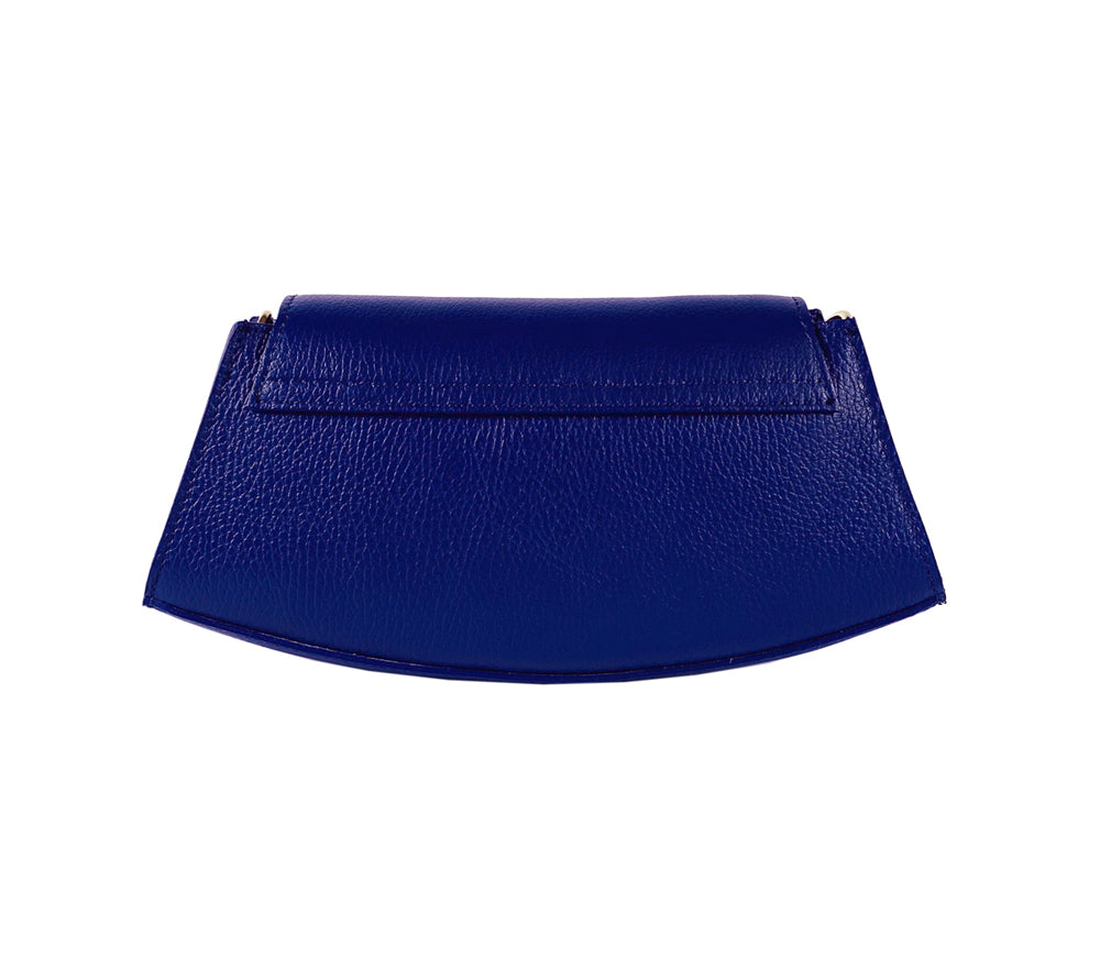 RB1009D | Borsa Donna a Spalla in Vera Pelle Made in Italy. Tracolla removibile. Attacchi con moschettoni in metallo Oro Lucido - Colore Blu - Dimensioni: cm 30 x 16 x 7