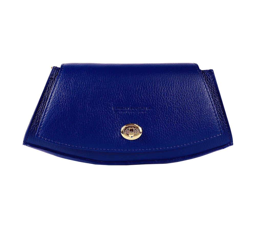 RB1009D | Women's Shoulder Bag in Genuine Leather Made in Italy. Removable shoulder strap. Attachments with shiny gold metal snap hooks - Blue color - Dimensions: 30 x 16 x 7 cm