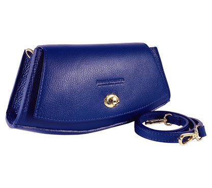 RB1009D | Women's Shoulder Bag in Genuine Leather Made in Italy. Removable shoulder strap. Attachments with shiny gold metal snap hooks - Blue color - Dimensions: 30 x 16 x 7 cm