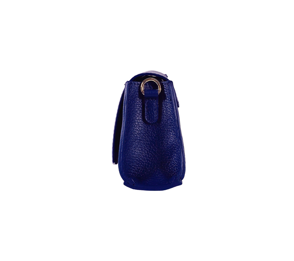 RB1009D | Borsa Donna a Spalla in Vera Pelle Made in Italy. Tracolla removibile. Attacchi con moschettoni in metallo Oro Lucido - Colore Blu - Dimensioni: cm 30 x 16 x 7