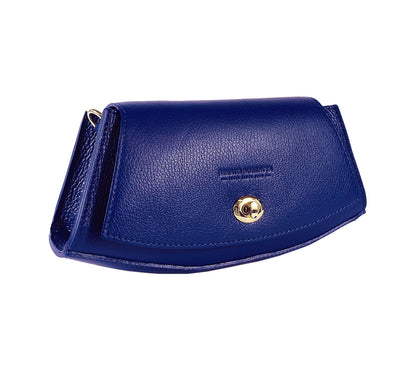 RB1009D | Women's Shoulder Bag in Genuine Leather Made in Italy. Removable shoulder strap. Attachments with shiny gold metal snap hooks - Blue color - Dimensions: 30 x 16 x 7 cm