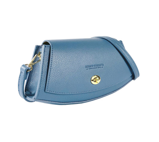 RB1009P | Women's Shoulder Bag in Genuine Leather Made in Italy. Removable shoulder strap. Attachments with shiny gold metal snap hooks - Avio color - Dimensions: 30 x 16 x 7 cm