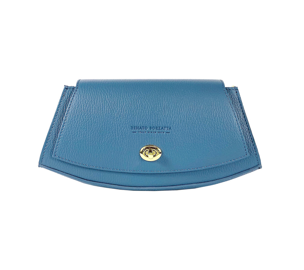 RB1009P | Women's Shoulder Bag in Genuine Leather Made in Italy. Removable shoulder strap. Attachments with shiny gold metal snap hooks - Avio color - Dimensions: 30 x 16 x 7 cm