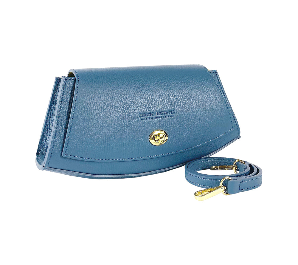 RB1009P | Women's Shoulder Bag in Genuine Leather Made in Italy. Removable shoulder strap. Attachments with shiny gold metal snap hooks - Avio color - Dimensions: 30 x 16 x 7 cm