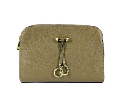 RB1011AQ | Women's shoulder bag in genuine leather Made in Italy. Removable shoulder strap. Attachments with shiny gold metal snap hooks - Taupe color - Dimensions: 25 x 17 x 10 cm