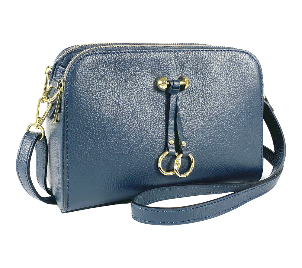 RB1011D | Women's shoulder bag in genuine leather Made in Italy. Removable shoulder strap. Attachments with shiny gold metal snap hooks - Blue color - Dimensions: 25 x 17 x 10 cm