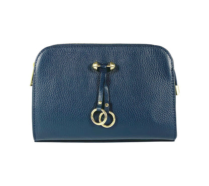 RB1011D | Women's shoulder bag in genuine leather Made in Italy. Removable shoulder strap. Attachments with shiny gold metal snap hooks - Blue color - Dimensions: 25 x 17 x 10 cm