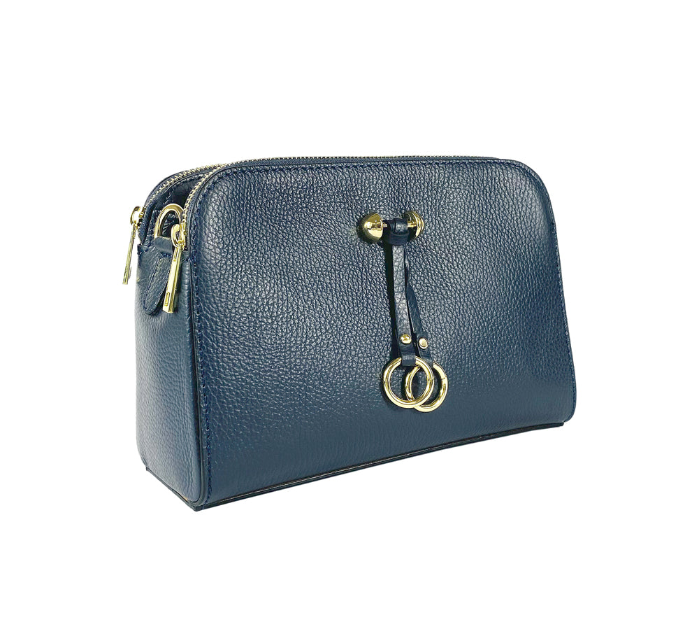 RB1011D | Women's shoulder bag in genuine leather Made in Italy. Removable shoulder strap. Attachments with shiny gold metal snap hooks - Blue color - Dimensions: 25 x 17 x 10 cm