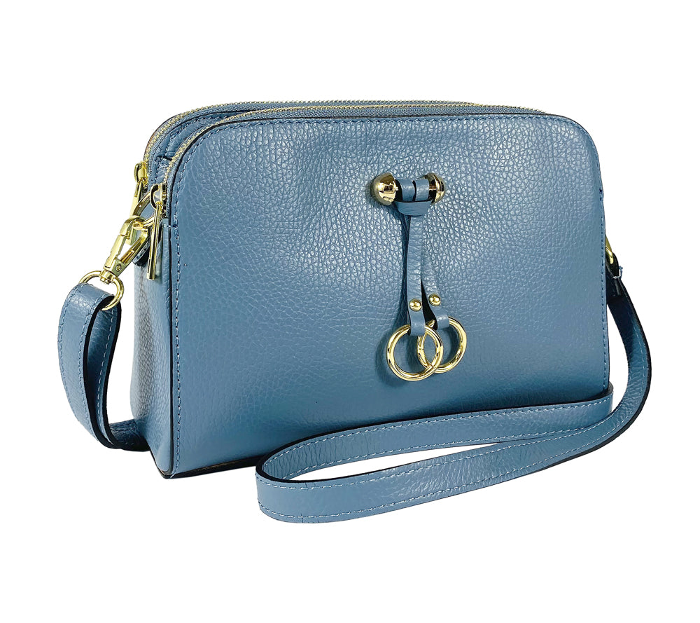 RB1011P | Women's shoulder bag in genuine leather Made in Italy. Removable shoulder strap. Attachments with shiny gold metal snap hooks - Avio color - Dimensions: 25 x 17 x 10 cm